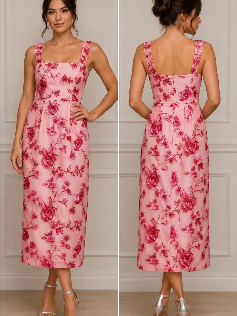 J.S. Collections Pink Red Floral Embroidered Mesh Midi Dress Size 2 NWT
